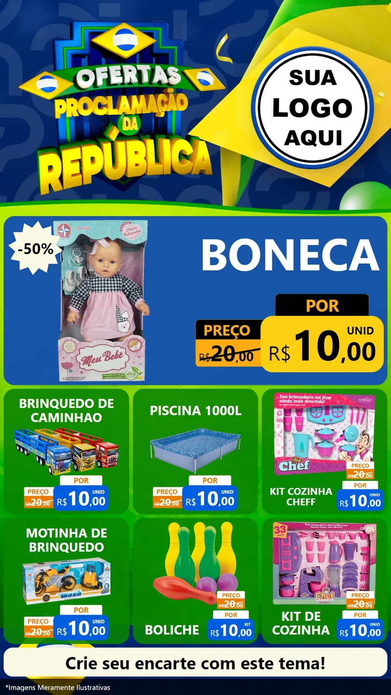 Modelo de Rede Social para Stories com o tema Ofertas Proclamação da República para Brinquedos