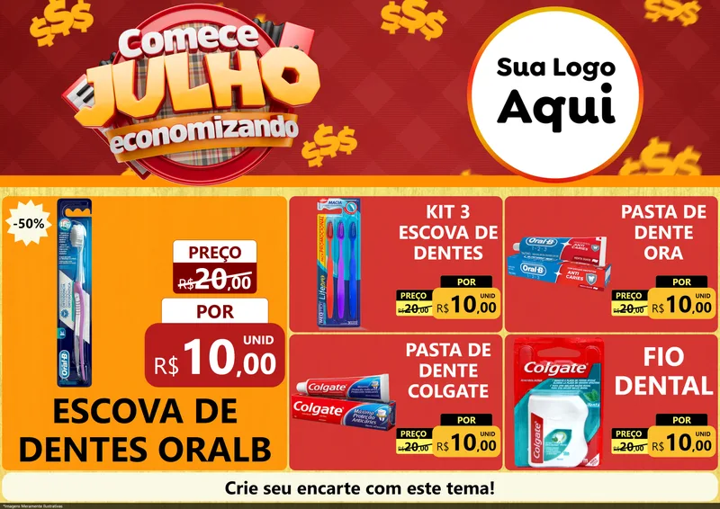 Modelo de Encarte para Encarte A4 Horizontal com o tema Comece Julho Economizando para Higiene Pessoal