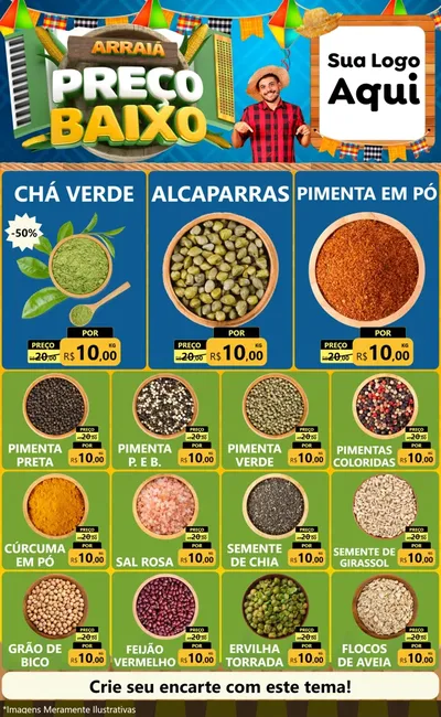 Modelo de Encarte para Encarte Grande com o tema Arraiá de Preço Baixo - Junina para Produtos Naturais