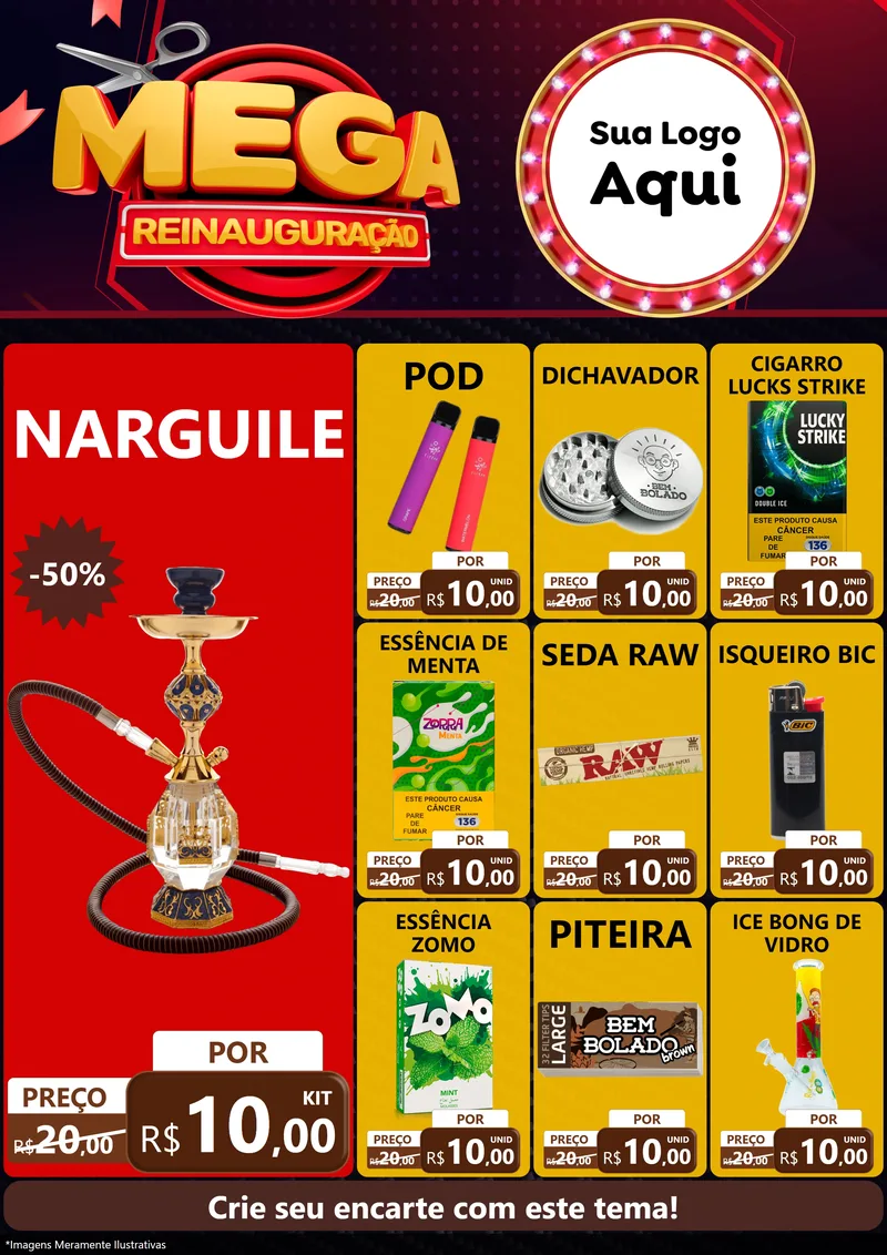 Modelo de Encarte para Encarte A4 Vertical com o tema Mega Reinauguração para Tabacaria