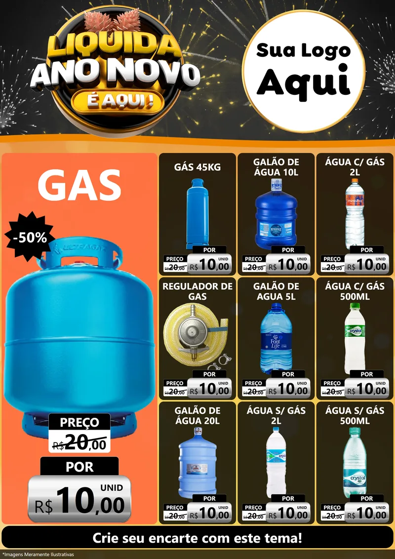 Modelo de Encarte para Encarte A4 Vertical com o tema Liquida Ano Novo É Aqui! para Água e gás