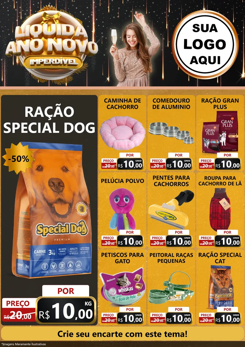 Modelo de Encarte para Encarte A4 Vertical com o tema Liquida Ano Novo Imperdível para Pet Shop