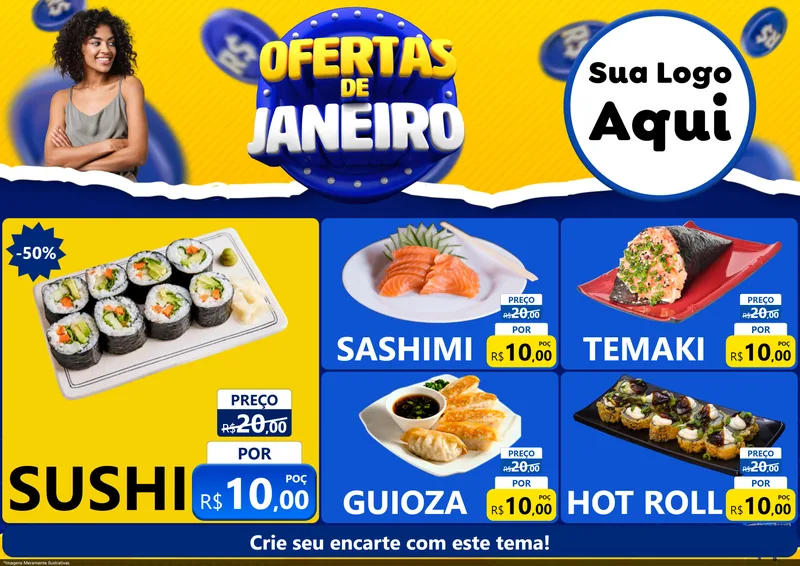 Modelo de Encarte para Encarte A4 Horizontal com o tema Ofertas de Janeiro para Comida japonesa
