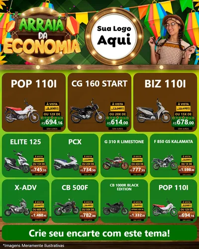 Modelo de Rede Social para Feed Instagram com o tema Arraiá de Economia para Concessionaria de Motos