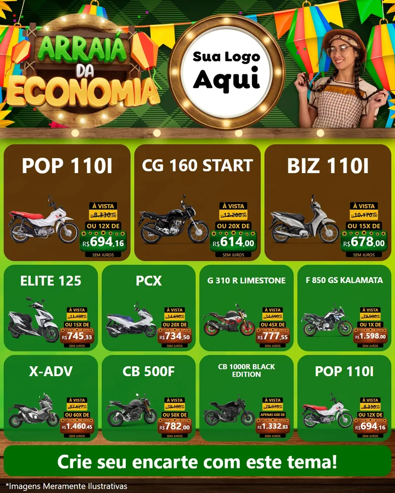 Modelo de Rede Social para Feed Instagram com o tema Arraiá de Economia para Concessionaria de Motos