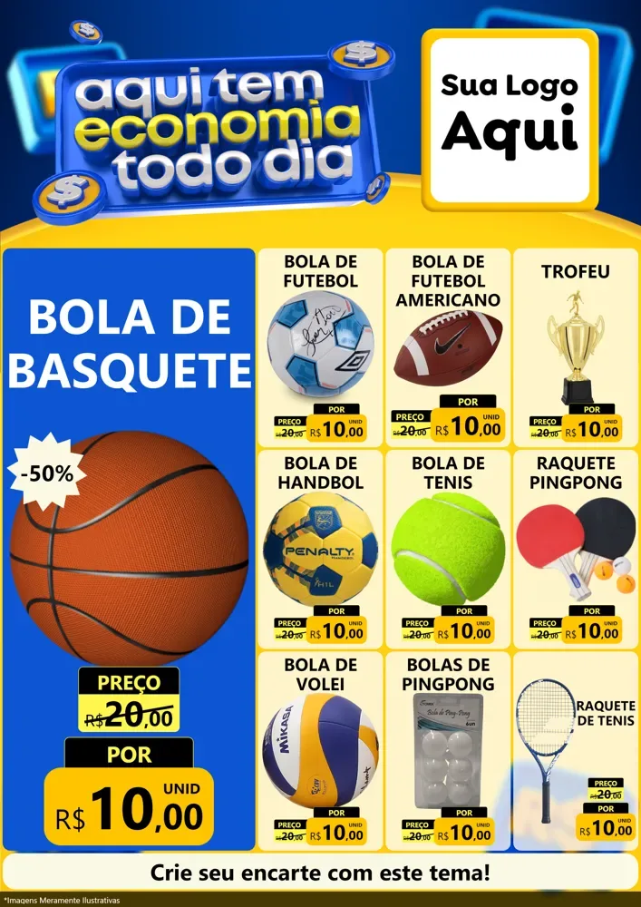 Modelo de Encarte para Encarte A4 Vertical com o tema Aqui Tem Economia Todo Dia para Artigos Esportivos