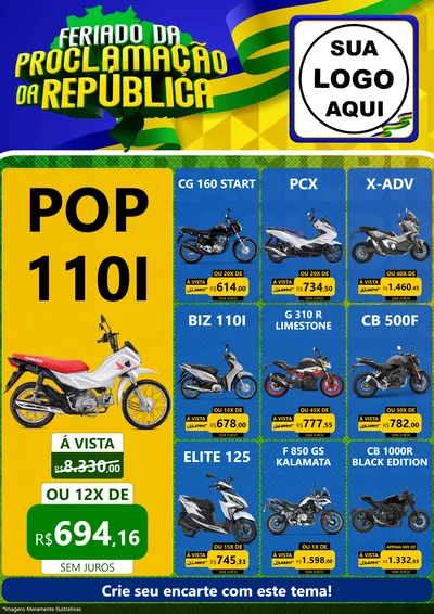 Modelo de Encarte para Encarte A4 Vertical com o tema Feriado da Proclamação da República para Concessionaria de Motos