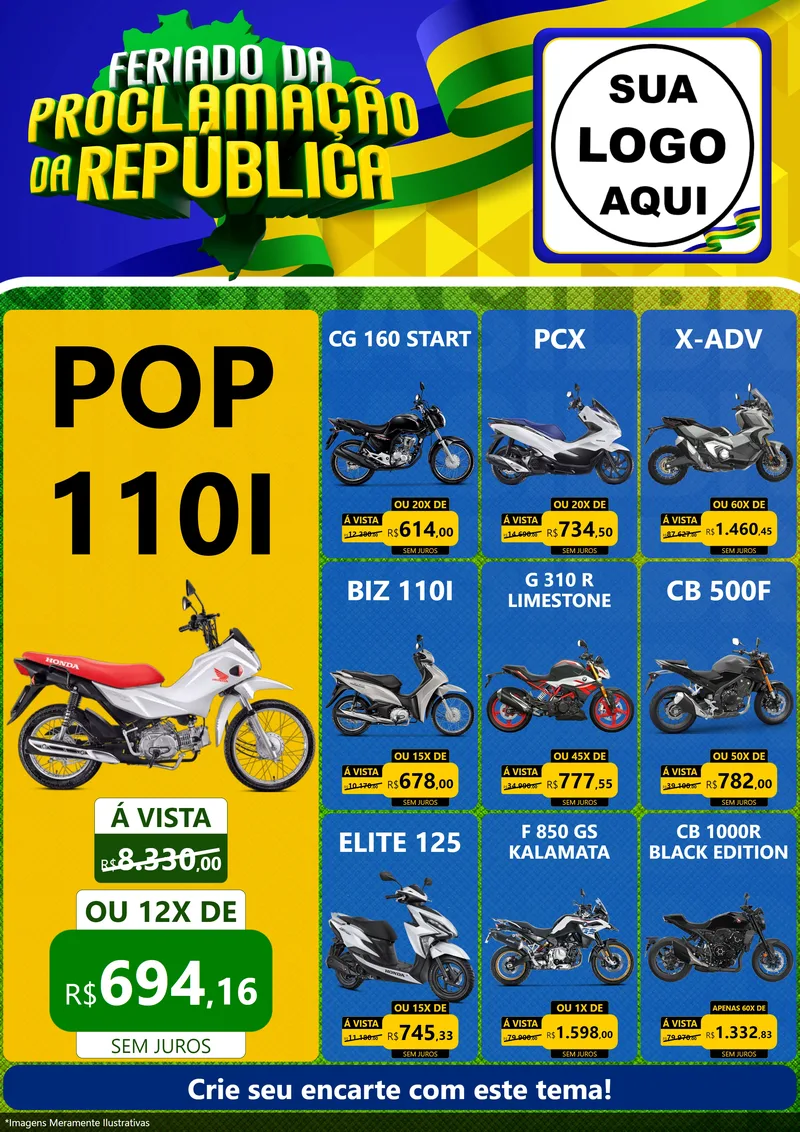 Modelo de Encarte para Encarte A4 Vertical com o tema Feriado da Proclamação da República para Concessionaria de Motos