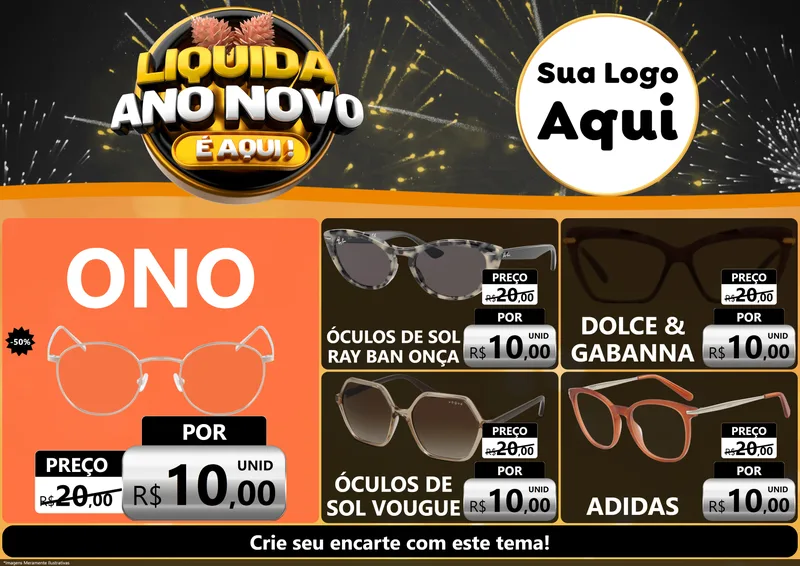 Modelo de Encarte para Encarte A4 Horizontal com o tema Liquida Ano Novo É Aqui! para Óticas