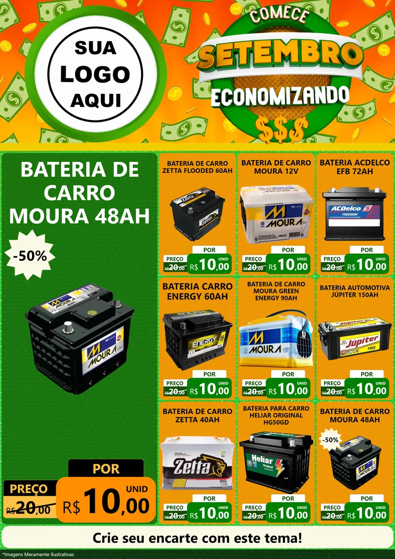 Modelo de Encarte para Encarte A4 Vertical com o tema Comece Setembro Economizando para Baterias Elétricas