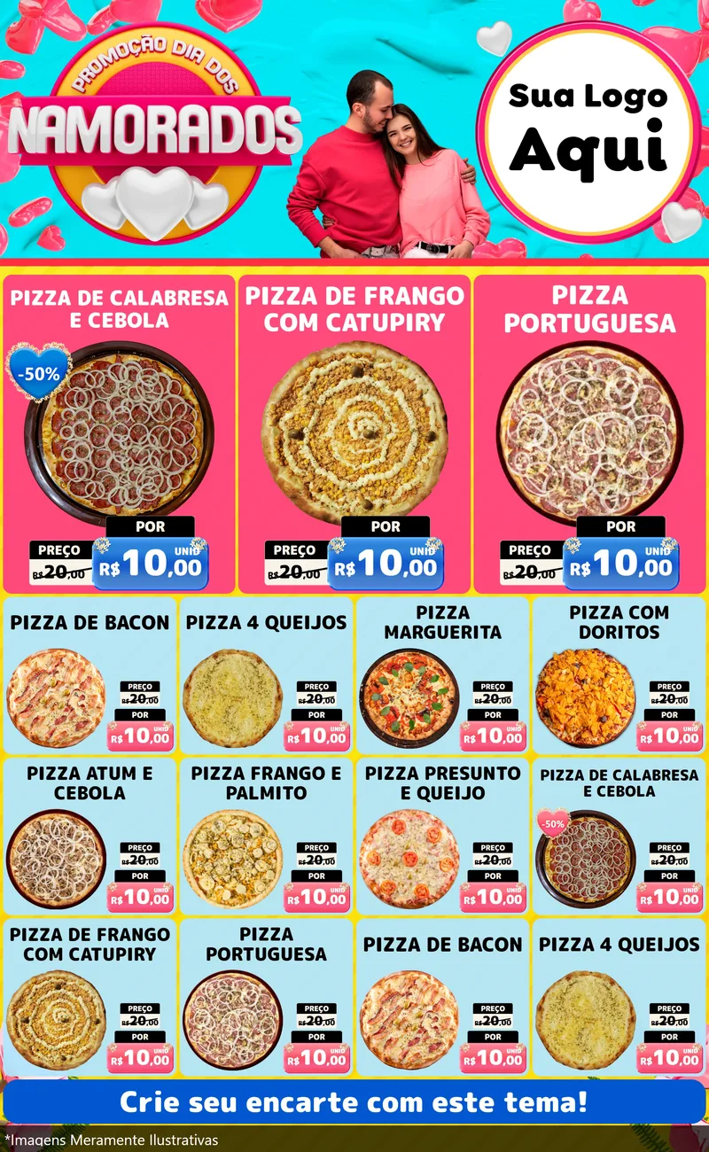 Modelo de Encarte para Encarte Grande com o tema Promoção Dia dos Namorados para Pizzaria