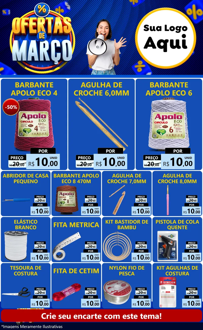 Modelo de Encarte para Encarte Grande com o tema Ofertas de Março para Armarinho e Aviamentos