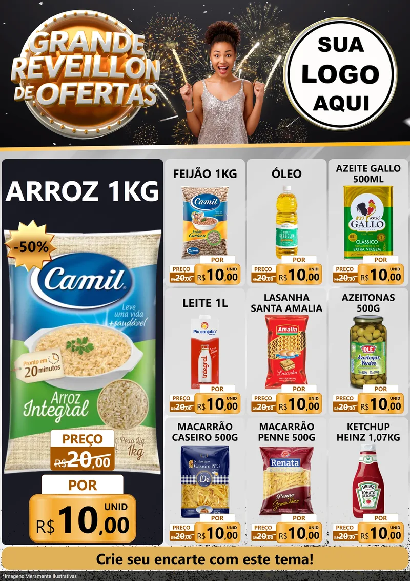 Modelo de Encarte para Encarte A4 Vertical com o tema Grande Réveillon de Ofertas para Supermercado