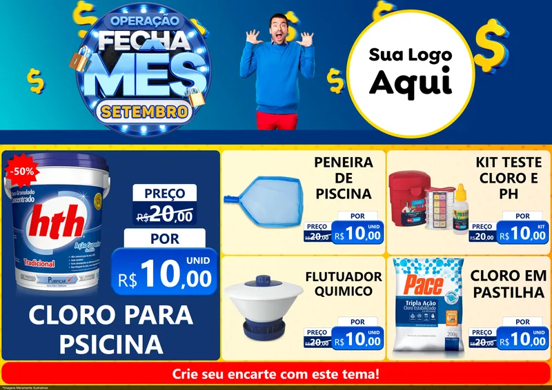 Modelo de Encarte para Encarte A4 Horizontal com o tema Operação Fecha Mês Setembro para Produtos para Piscina