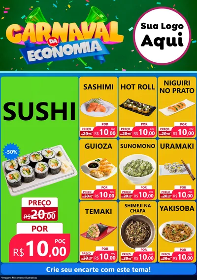 Modelo de Encarte para Encarte A4 Vertical com o tema Carnaval da Economia para Comida japonesa