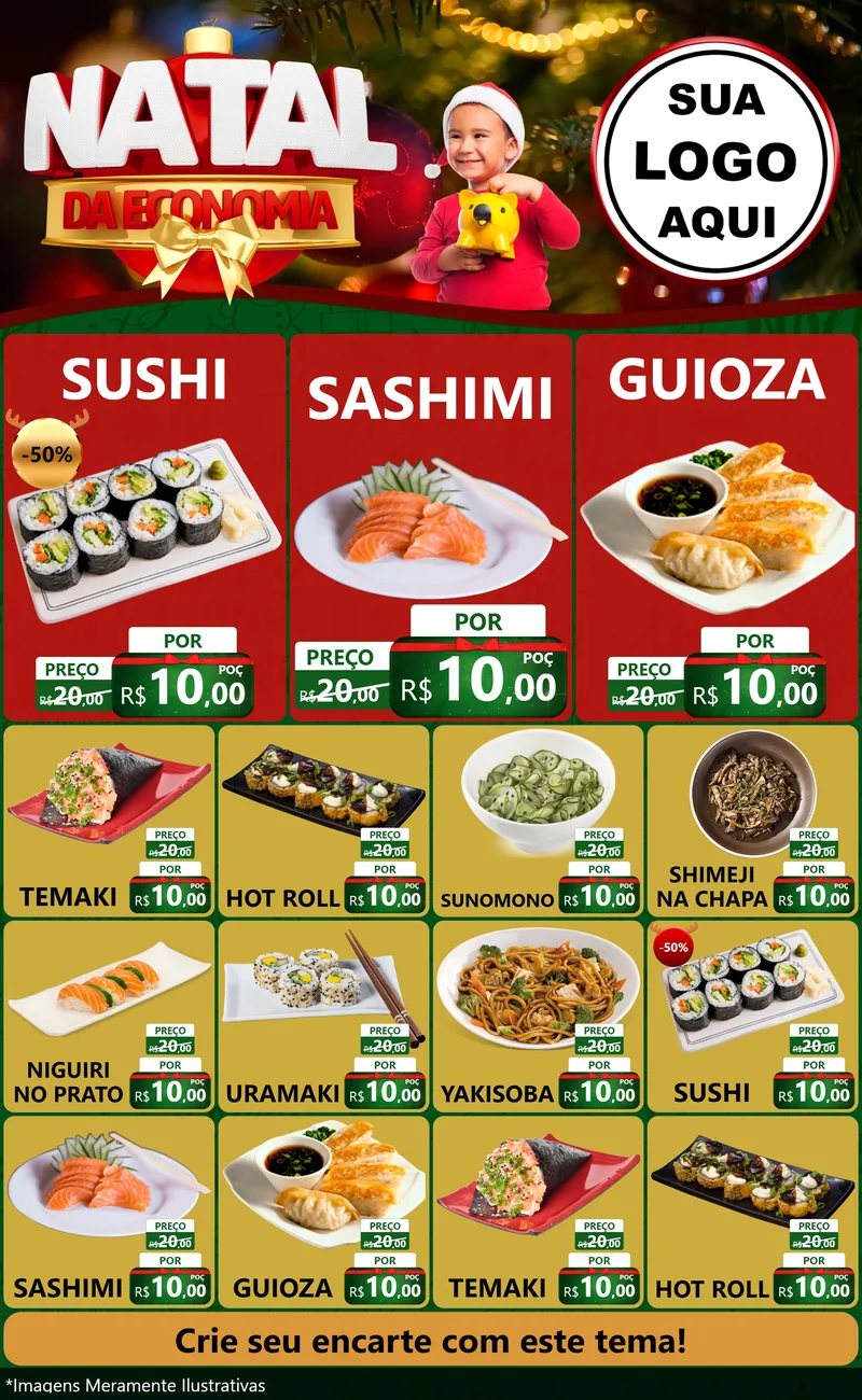 Modelo de Encarte para Encarte Grande com o tema Natal da Economia para Comida japonesa