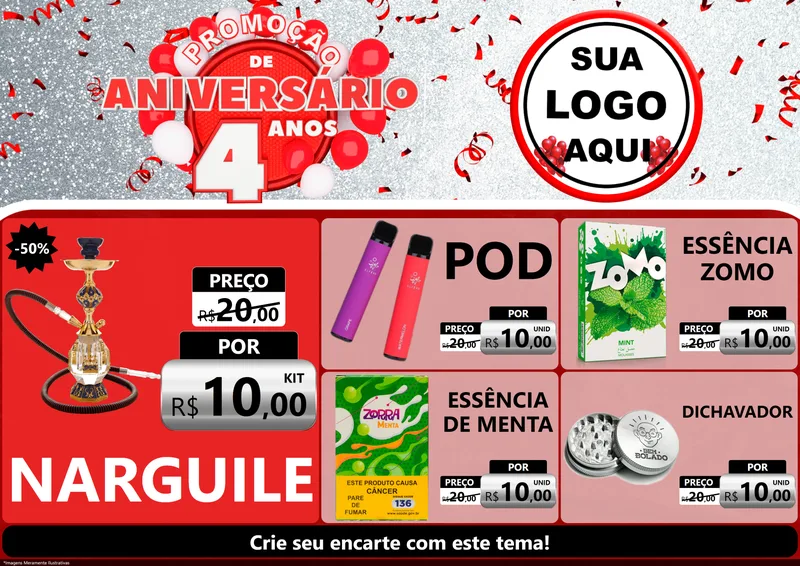 Modelo de Encarte para Encarte A4 Horizontal com o tema Promoção de Aniversário - 4 Anos para Tabacaria