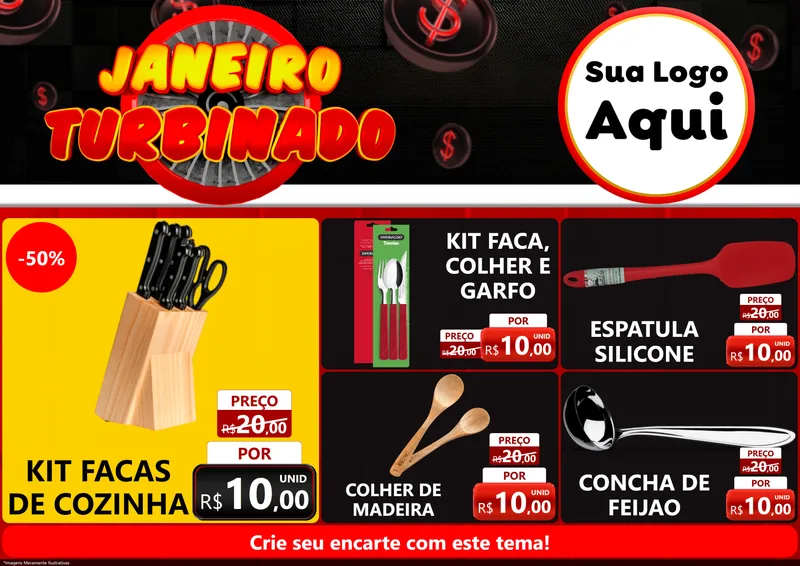 Modelo de Encarte para Encarte A4 Horizontal com o tema Janeiro Turbinado para Utilidades Domésticas