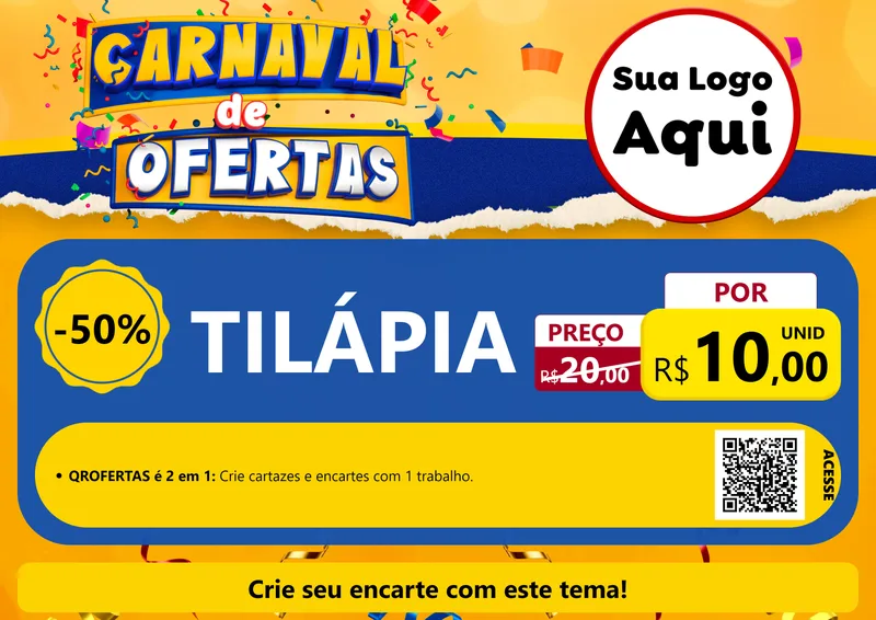 Modelo de Cartaz para Cartaz A4 Horizontal com o tema Carnaval de Ofertas para Peixaria