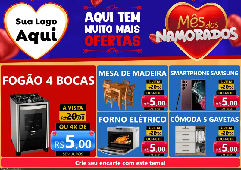 Modelo de Encarte para Encarte A4 Horizontal com o tema Mês dos Namorados para Móveis e Eletro