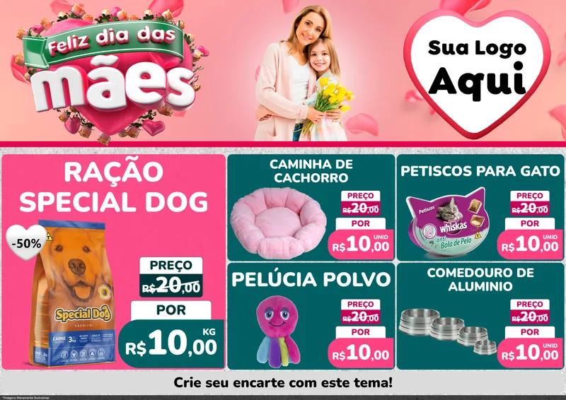 Modelo de Encarte para Encarte A4 Horizontal com o tema Feliz Dia das Mães para Pet Shop
