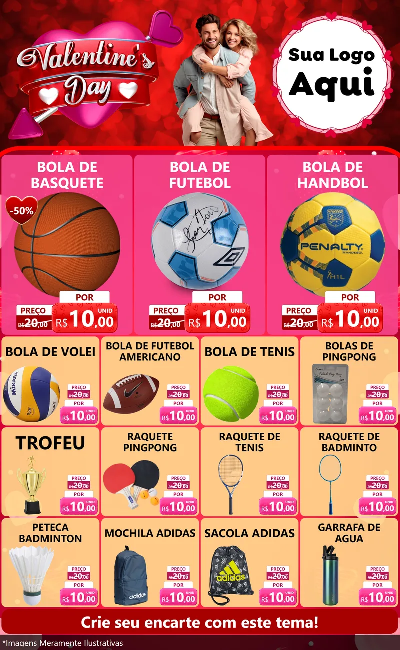 Modelo de Encarte para Encarte Grande com o tema Valentine's Day para Artigos Esportivos