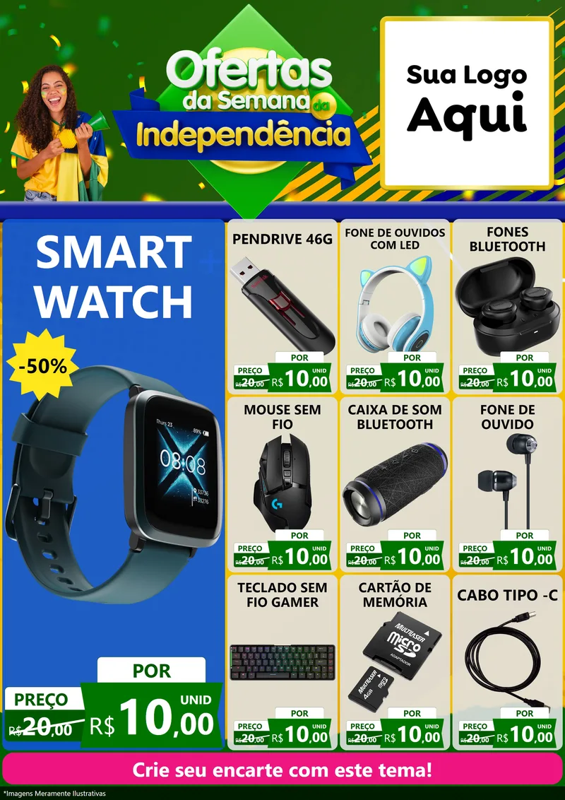 Modelo de Encarte para Encarte A4 Vertical com o tema Ofertas da Semana da Independência para Informática