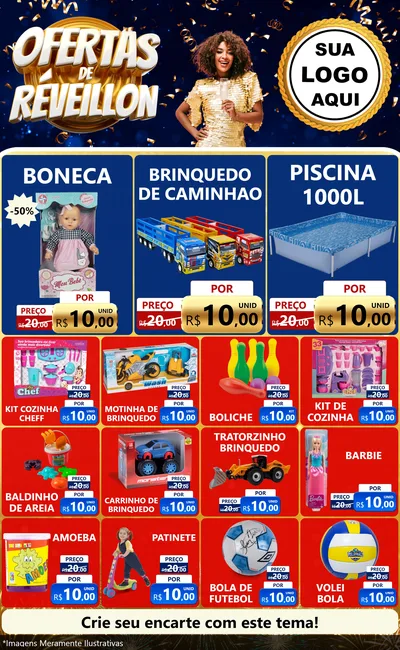 Modelo de Encarte para Encarte Grande com o tema Ofertas de Réveillon para Brinquedos