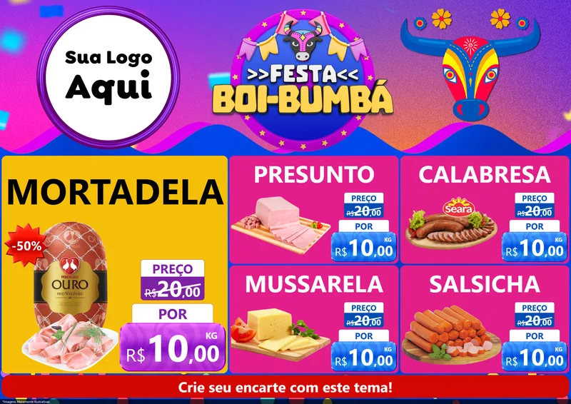 Modelo de Encarte para Encarte A4 Horizontal com o tema Festa Boi-Bumbá para Frios e Laticínios
