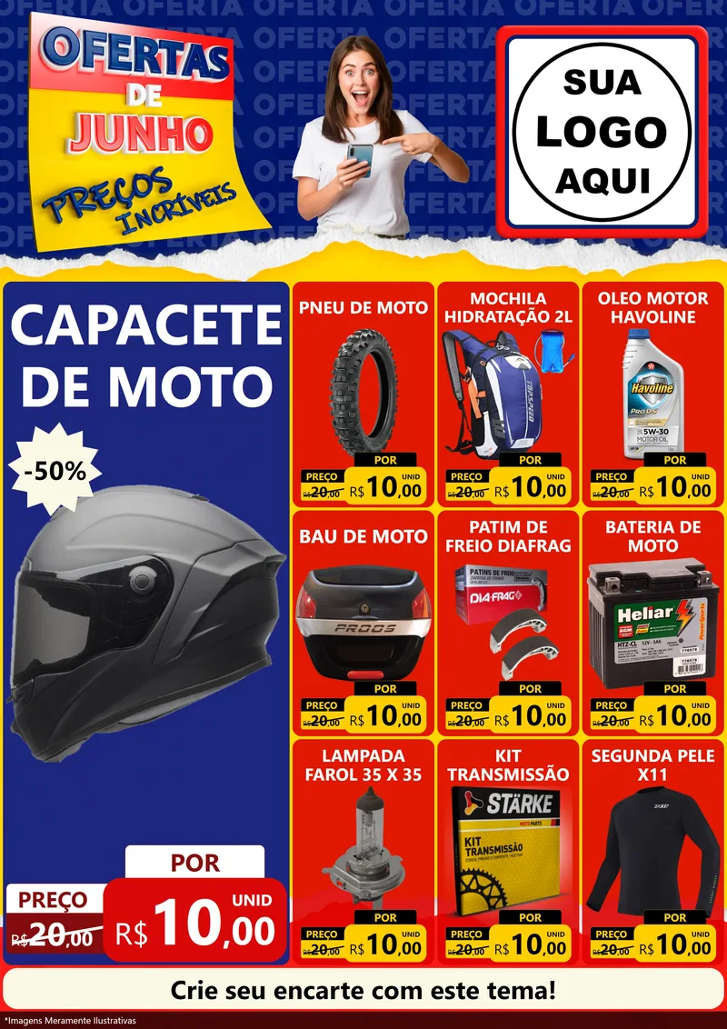 Modelo de Encarte para Encarte A4 Vertical com o tema Ofertas de Junho - Preços Incríveis para Moto peças