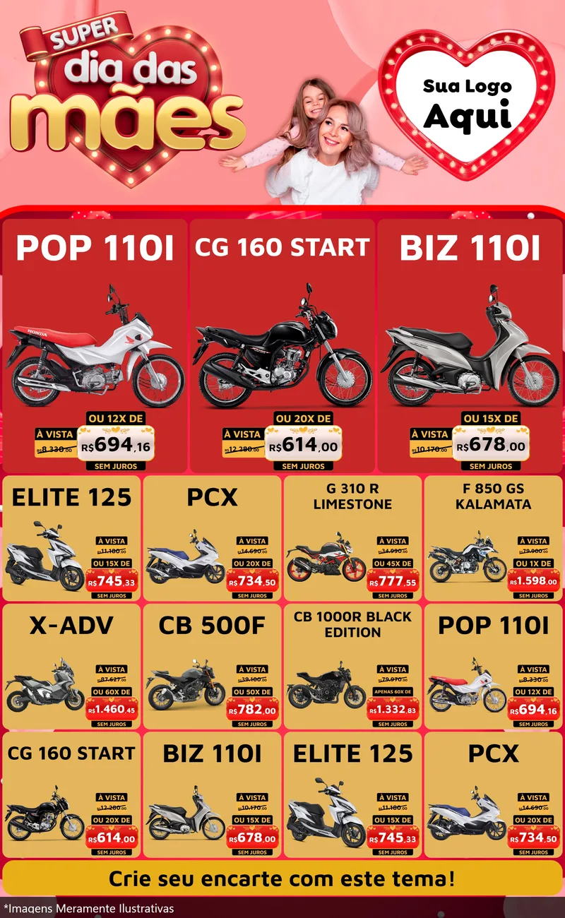 Modelo de Encarte para Encarte Grande com o tema Super Dia Das Mães para Concessionaria de Motos