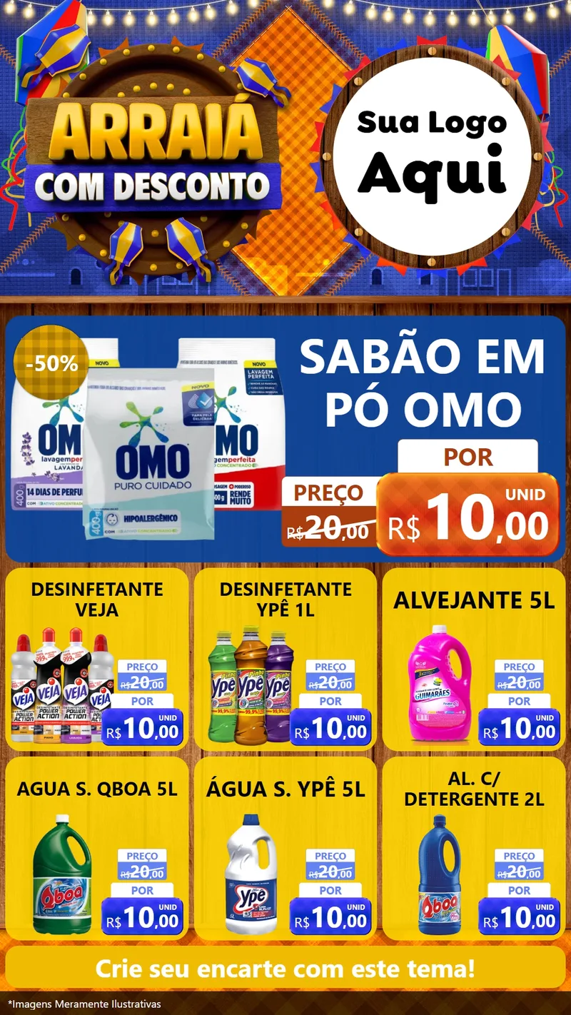 Modelo de Rede Social para Stories com o tema Arraiá Com Desconto para Produtos de Limpeza