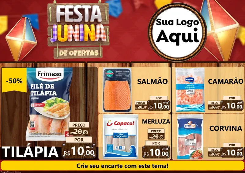 Modelo de Encarte para Encarte A4 Horizontal com o tema Festa Junina de Ofertas para Peixaria