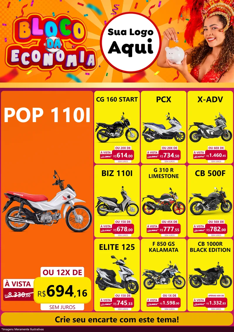 Modelo de Encarte para Encarte A4 Vertical com o tema Bloco da Economia para Concessionaria de Motos