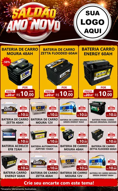 Modelo de Encarte para Encarte Grande com o tema Saldão de Ano Novo para Baterias Elétricas