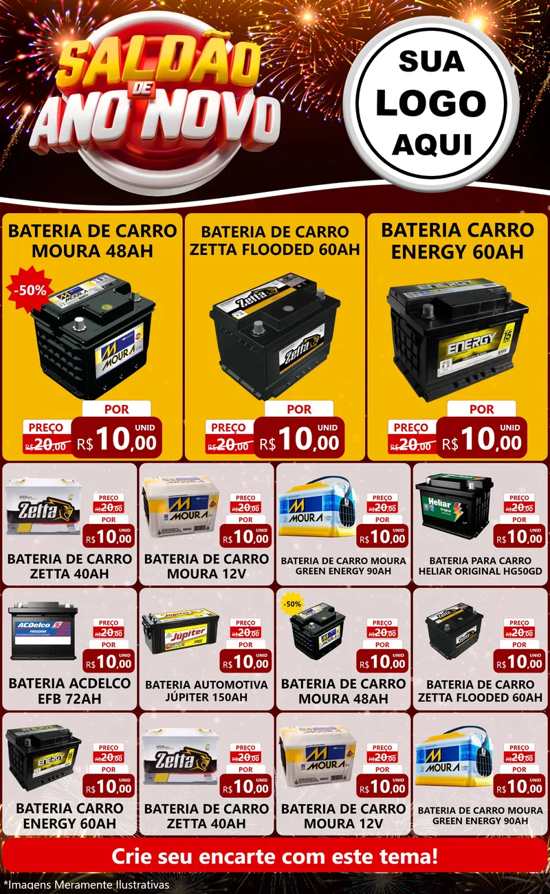 Modelo de Encarte para Encarte Grande com o tema Saldão de Ano Novo para Baterias Elétricas