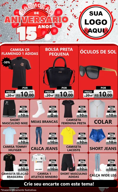 Modelo de Encarte para Encarte Grande com o tema Promoção de Aniversário - 15 Anos para Roupas e acessórios