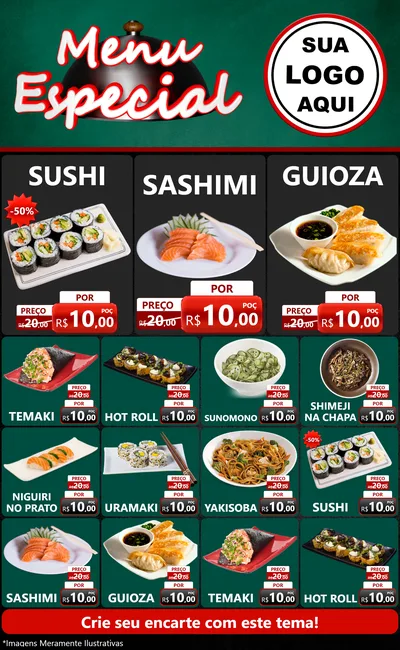 Modelo de Encarte para Encarte Grande com o tema Menu Especial para Comida japonesa