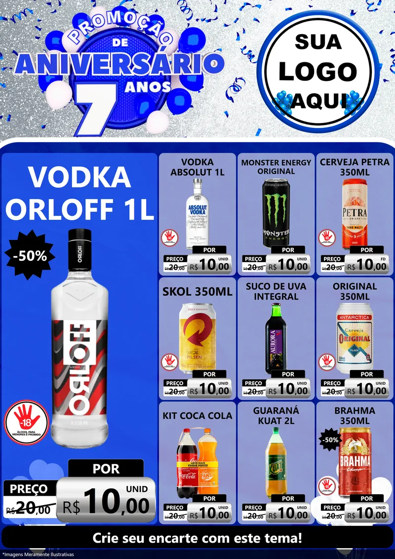 Modelo de Encarte para Encarte A4 Vertical com o tema Promoção de Aniversário - 7 Anos para Distribuidora de bebidas