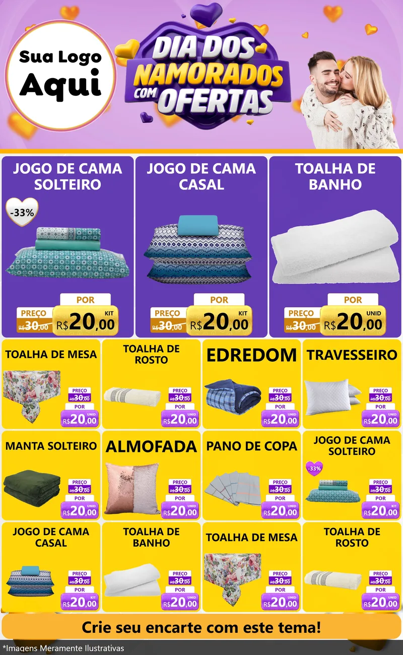 Modelo de Encarte para Encarte Grande com o tema Dia Dos Namorados Com Ofertas para Cama, Mesa e Banho