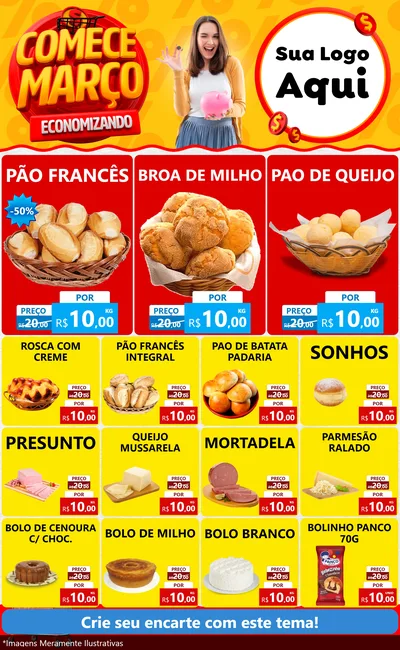 Modelo de Encarte para Encarte Grande com o tema Comece Março Economizando para Padaria