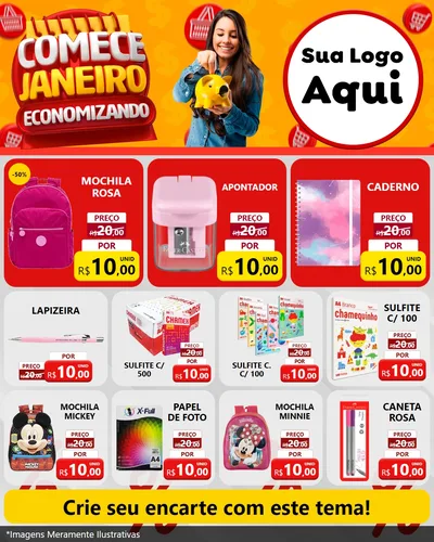 Modelo de Rede Social para Feed Instagram com o tema Comece Janeiro Economizando para Papelaria