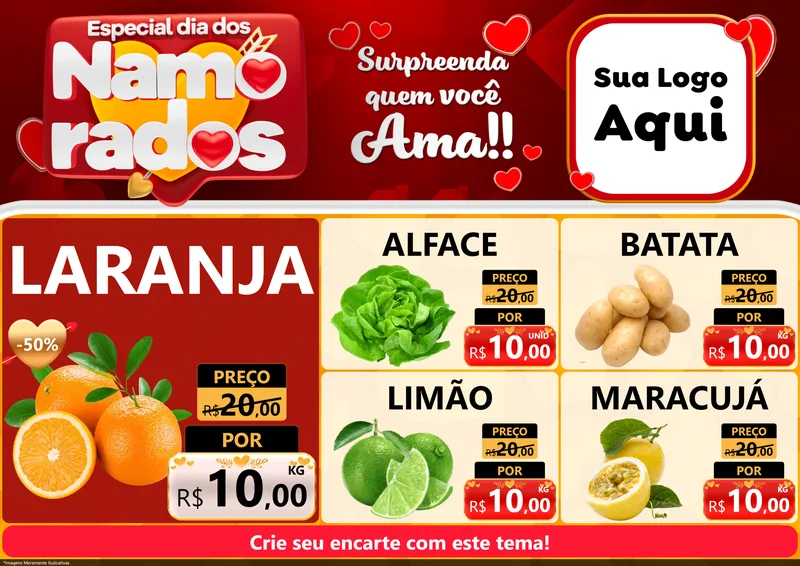 Modelo de Encarte para Encarte A4 Horizontal com o tema Especial Dia dos Namorados para Hortifrúti