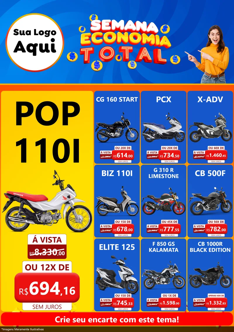 Modelo de Encarte para Encarte A4 Vertical com o tema Semana Economia Total para Concessionaria de Motos