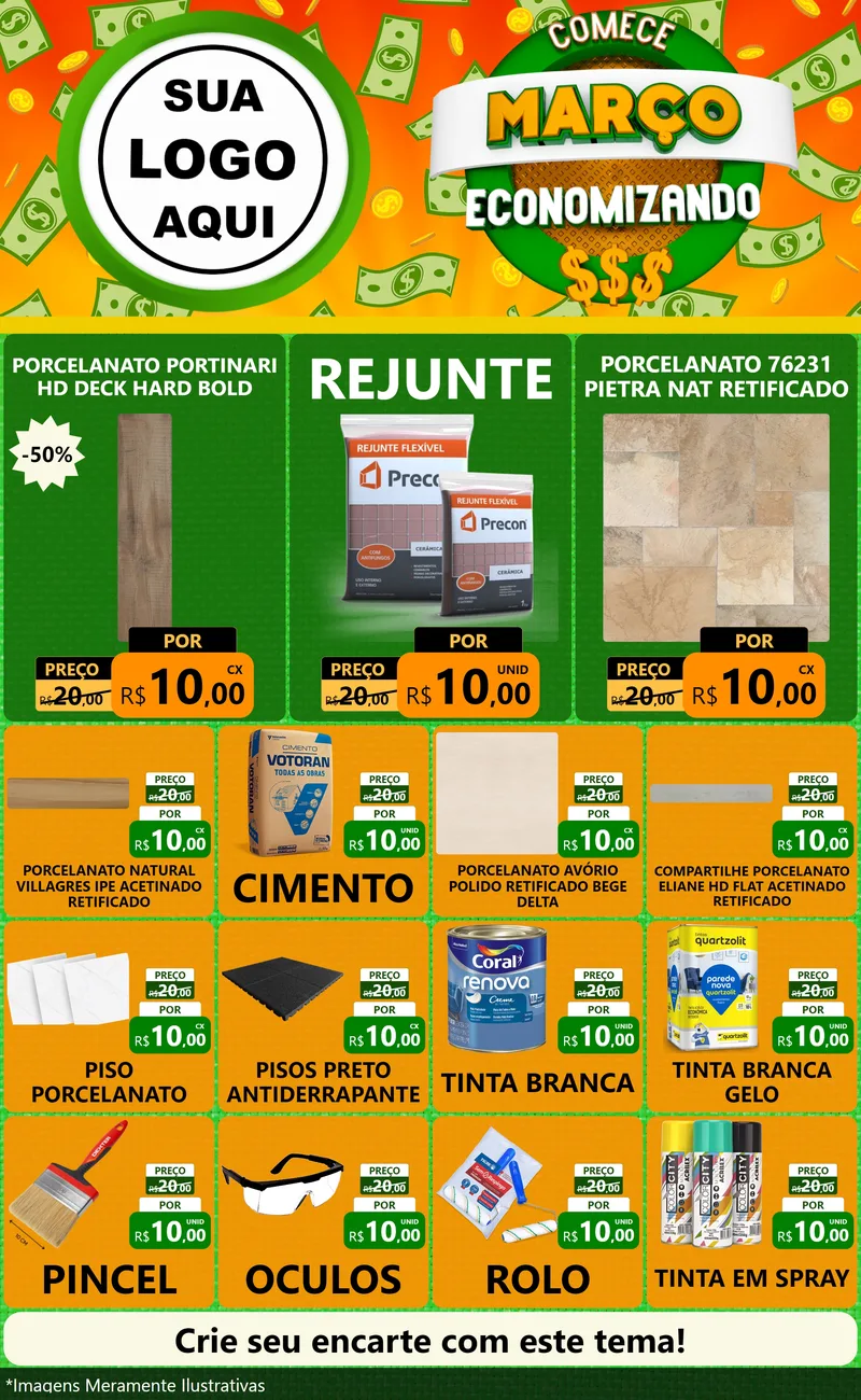 Modelo de Encarte para Encarte Grande com o tema Comece Março Economizando para Pisos e revestimentos