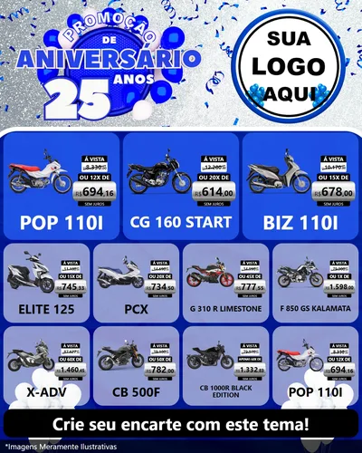 Modelo de Rede Social para Feed Instagram com o tema Promoção de Aniversário - 25 Anos para Concessionaria de Motos