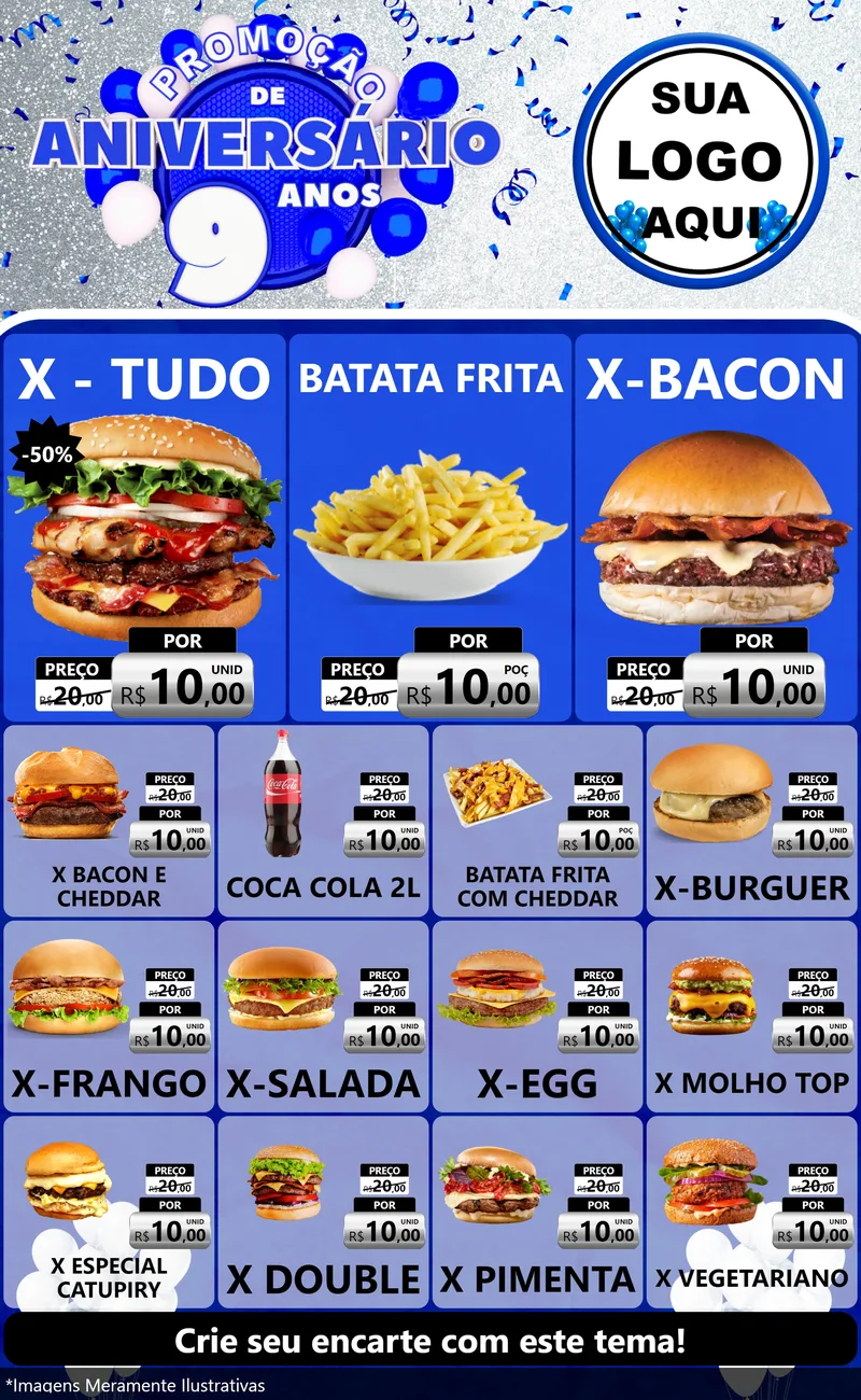 Modelo de Encarte para Encarte Grande com o tema Promoção de Aniversário - 9 Anos para Hamburgueria
