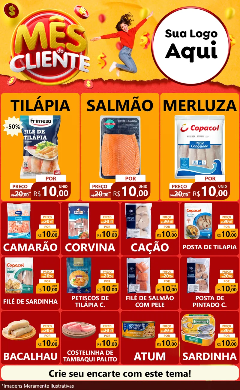Modelo de Encarte para Encarte Grande com o tema Mês do Cliente para Peixaria