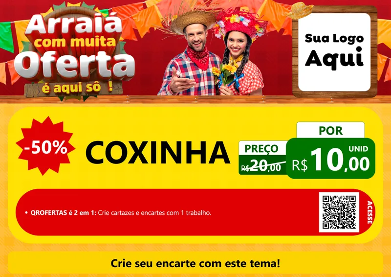Modelo de Cartaz para Cartaz A4 Horizontal com o tema Arraiá Com Muita Oferta - É Aqui Sô! para Salgadaria
