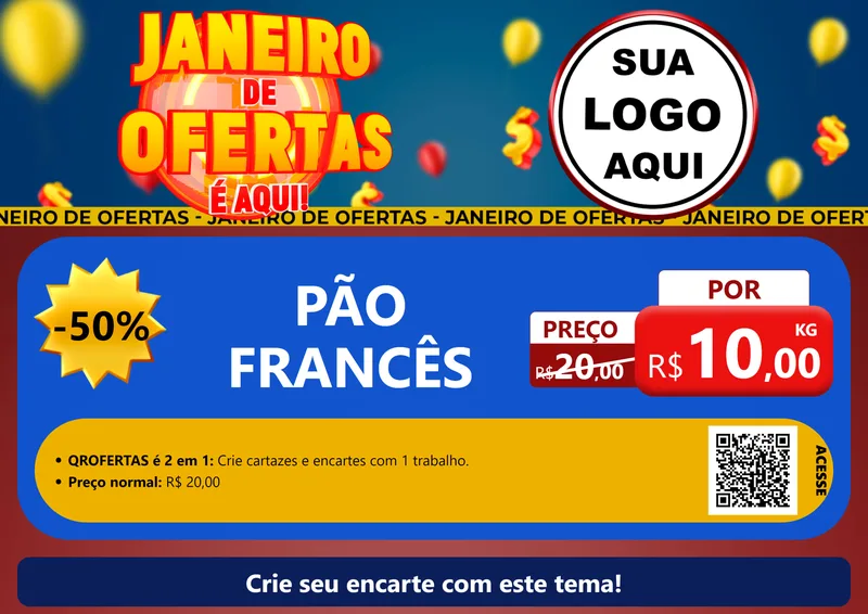 Modelo de Cartaz para Cartaz A4 Horizontal com o tema Janeiro de Ofertas É Aqui! para Padaria